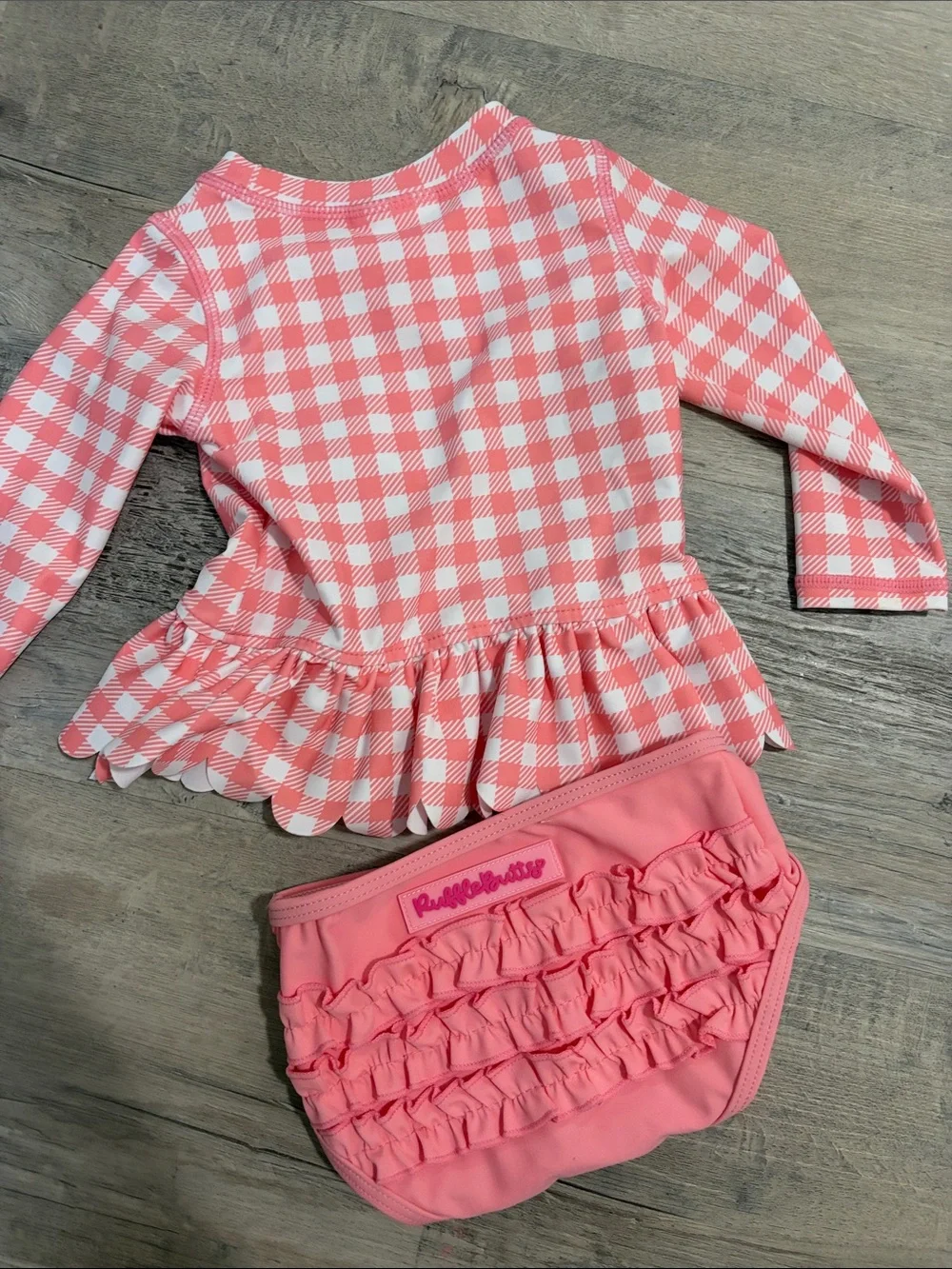 Ruffle Butts Pink Gingham Peplum Rashguard Swim Set